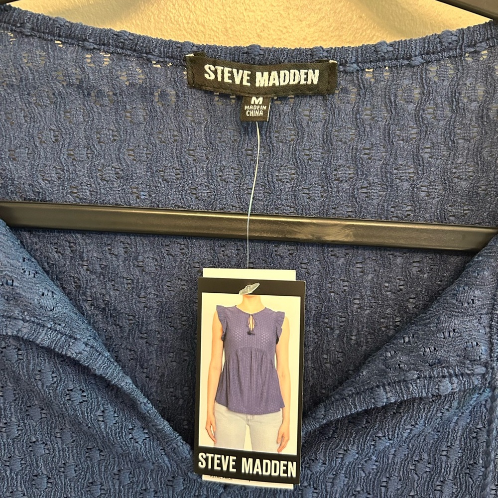 NWT Steve Madden Y2K blue Steve Textured Cap Sleeve Top tassel ties size M - Picture 2 of 11